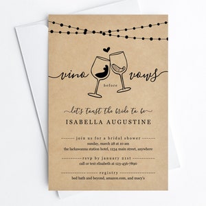 Vino Before Vows Funny Bridal Shower Invitation Template, Printable Wine Toast Theme Invite Rustic Kraft Paper Instant Download Digital File image 1