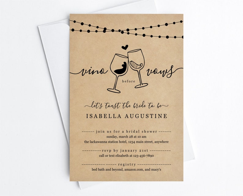 Vino Before Vows Funny Bridal Shower Invitation Template, Printable Wine Toast Theme Invite Rustic Kraft Paper Instant Download Digital File image 1