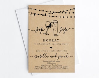 Sip Sip Hooray Couple's Shower Invitation Template, Printable Beer Wine Toast Theme Invite, Rustic Kraft Paper Instant Download Digital File
