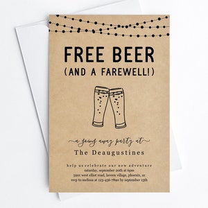 Modello di invito alla festa per andare via con birra gratis divertente, invito stampabile di addio Bon Voyage, figlio e figlia, file digitale per il download istantaneo