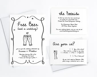Free Beer and a Wedding Invitation Template, Printable Fun Brewery Doodles Suite, Funny Details RSVP Set, Download Digital Files