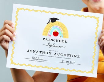 Preschool Kindergarten Diploma Template, NO CUTTING, Printable Graduation Certificate, Class of 2025 Ceremony, Instant Download Digital File