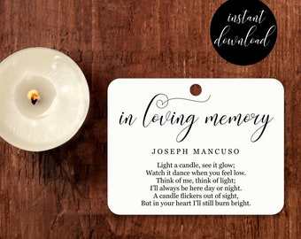 Funeral Favor Tag Template - Printable Memorial Candle Tag - In Loving Memory - Man / Woman - Editable DIY Instant Download Digital File PDF