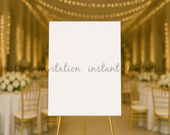 Wedding Sign Mockup – Vertical 18x24" Welcome Sign on Gold Easel, Indoor Ballroom, Flowers & Fairy Lights + Bonus Outdoors, Digital Download