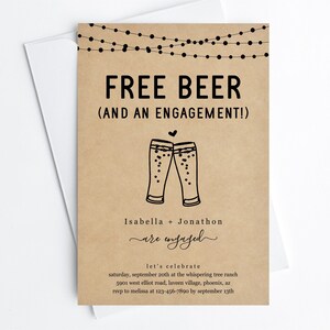 Modèle d'Invitation de fête de fiançailles drôle de bière gratuite, invitation de brasserie imprimable amusante Evite, fichier numérique de téléchargement instantané de papier Kraft modifiable