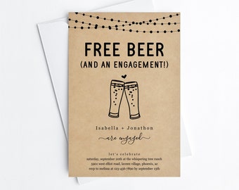 Free Beer Funny Engagement Party Invitation Template, Fun Printable Brewery Invite Evite, Editable Kraft Paper Instant Download Digital File