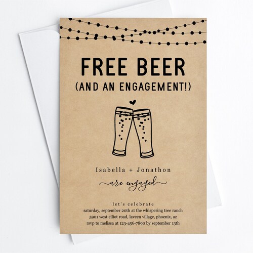 Plantilla de invitación a fiesta de compromiso divertida de cerveza gratuita, invitación a cervecería imprimible divertida Evite, archivo digital de descarga instantánea de papel Kraft editable