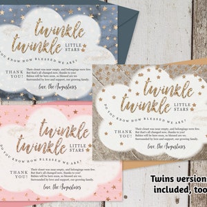 Op de afbeelding: Twee roze en blauwe baby shower bedankkaartjes met gouden glittersterren en de tekst "Twinkle Twinkle Little Stars" en "Do you know how blessed we are?" De tekst op de kaartjes luidt: "Their closet was near empty, and belongings were few. But that's all changed now, thanks to you! Babies will be here soon, so blessed are we. Surrounded by love and support, our growing family. Love, the Augustines."