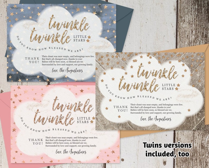 Op de afbeelding: Twee roze en blauwe baby shower bedankkaartjes met gouden glittersterren en de tekst "Twinkle Twinkle Little Stars" en "Do you know how blessed we are?" De tekst op de kaartjes luidt: "Their closet was near empty, and belongings were few. But that's all changed now, thanks to you! Babies will be here soon, so blessed are we. Surrounded by love and support, our growing family. Love, the Augustines."