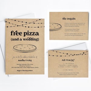Modello di invito per matrimonio con pizza divertente, dettagli dell'invito stampabili divertenti per pizza gratuiti Set RSVP, suite di file digitali per il download immediato di carta Kraft