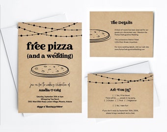 Funny Pizza Wedding Invitation Template, Free Pizza Fun Printable Invite Details RSVP Set, Kraft Paper Instant Download Digital Files Suite