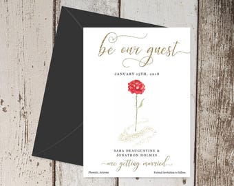 Beauty and the Beast Save the Date Card Invitation Announcement - Printable Template, Red Rose & Gold Glitter, Instant Download Digital File