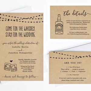 Divertente modello di invito a nozze con whisky - divertente set stampabile di toast in vetro di distilleria, carta Kraft rustica, suite PDF per il download immediato, luci