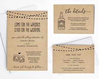 Funny Whiskey Wedding Invitation Template - Fun Distillery Glass Toast Printable Set, Rustic Kraft Paper, Instant Download PDF Suite, Lights