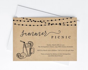 Summer Picnic Party Invitation Template, Rustic Mason Jar Lemonade Kraft Paper, Invite & Evite, Instant Download Digital File, Park Picnic