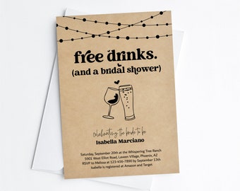 Funny Bridal Shower Invitation Template, Printable Fun Free Drinks Wine Beer Invite Evite, Printable Instant Download Digital File, Kraft