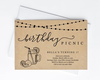 Birthday Picnic Party Invitation Template, Rustic Mason Jar Lemonade Kraft Paper, Invite & Evite Instant Download Digital File Park Backyard