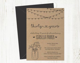 Printable Birthday Invitation for Women Template - Rustic Mason Jar Lights Instant Download PDF - 30th 40th 50th 60th 70th 80th Woman Adult