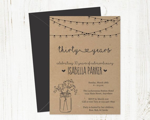 Printable Birthday Invitation for Women Template - Rustic Mason Jar Lights Instant Download PDF - 30th 40th 50th 60th 70th 80th Woman Adult