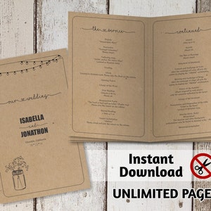 Modelo de livro de cerimônia de casamento para impressão - livreto de programa dobrado de várias páginas com páginas ilimitadas, papel Kraft em frasco de vidro rústico, download instantâneo