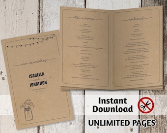 Printable Wedding Ceremony Book Template - Unlimited Pages Multi-page Folded Program Booklet, Rustic Mason Jar Kraft Paper, Instant Download