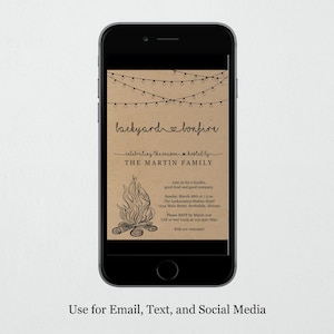 May include: A digital invitation for a backyard bonfire party. The invitation features a drawing of a campfire with flames and logs, string lights, and the text "backyard bonfire" and "celebrating the season hosted by THE MARTIN FAMILY".