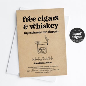 Cigar & Whiskey Diaper Party Invitation Template, Printable Fun Funny Free Diaper Shower Invite for Men / Dad, Evite Download Digital File