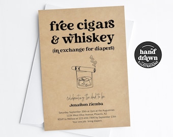 Cigar & Whiskey Diaper Party Invitation Template, Printable Fun Funny Free Diaper Shower Invite for Men / Dad, Evite Download Digital File