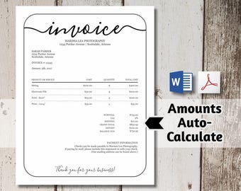 Printable Invoice Template - NO COLOR INK - Word, pdf Download -  Business, Photographer Photography Simple Form, Receipt, Billing Statement