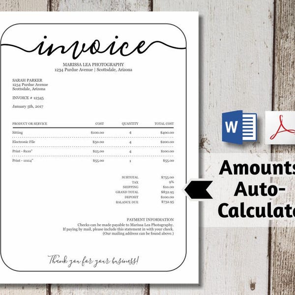 Printable Invoice Template - NO COLOR INK - Word, pdf Download -  Business, Photographer Photography Simple Form, Receipt, Billing Statement