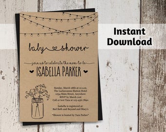 Printable Rustic Baby Shower Invitation Template - Boy, Girl, Neutral - Mason Jar, Fairy Lights, Kraft Paper - Instant Download Digital File