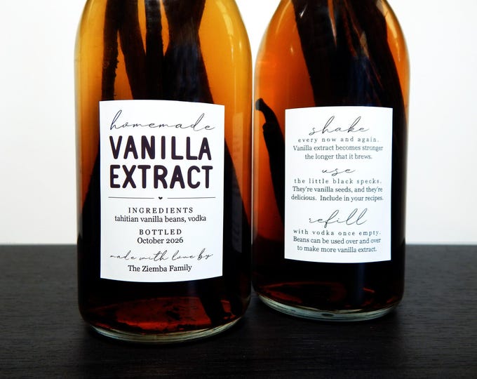 Featured listing image: Homemade Vanilla Extract Labels with Instructions - Set of 18 Front and Back (36 in all) Personalized Gift Stickers - Water & Oil Resistant