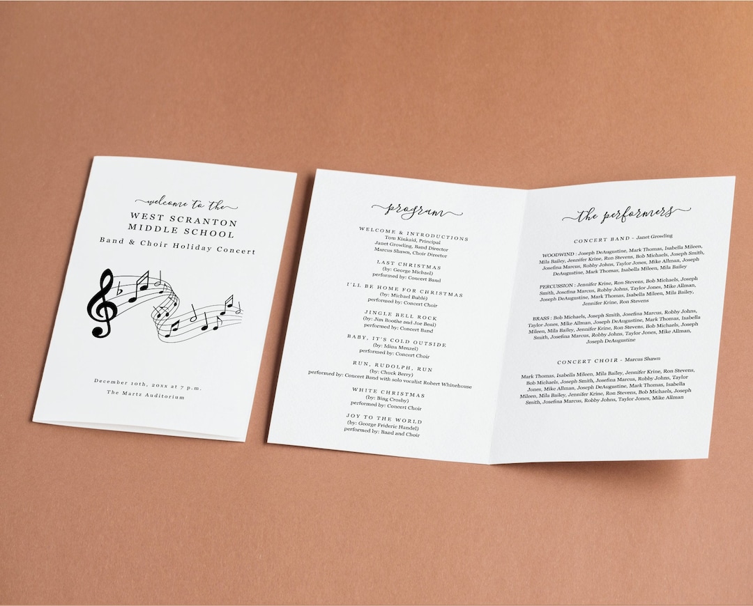 Choir or Band Concert Program Template, Printable Pamphlet