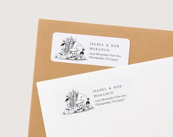 Halloween Address Label Template - Printable Envelope Return Address Label, Avery 1 x 2-5/8", Hand Drawn Haunted House, Download Digital PDF