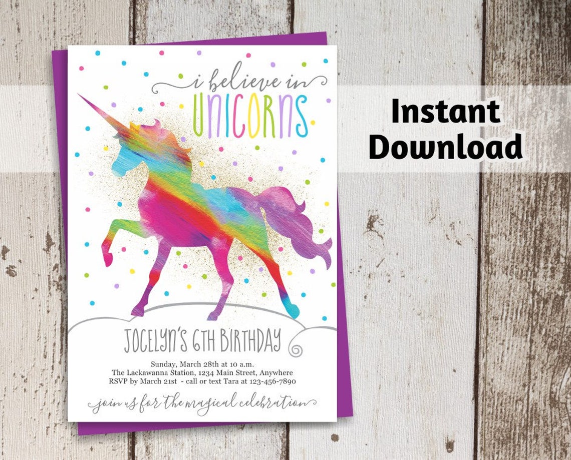 Unicorn Invitation Printable Rainbow Unicorn With Gold Etsy
