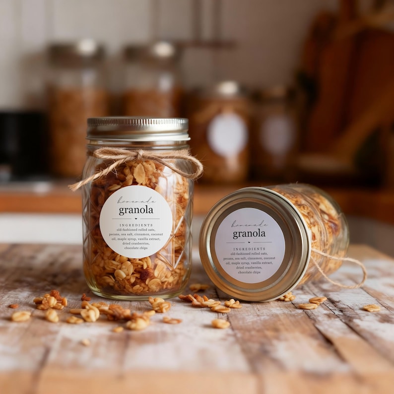 May include: Two glass jars filled with granola, one upright and one on its side, sit on a wooden surface. Each jar has a silver lid and a label that reads "homemade granola" with a list of ingredients. The jars are tied with twine.