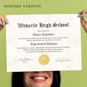 Honors High School Diploma with Gold Seal, Printable Customized Diploma Replica Template, Editable Graduation Certificate Download File