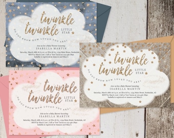 Twinkle Twinkle Little Star Baby Shower Invitation Boy Girl Gender Neutral Twin, Printable Template, Theme Instant Download Digital File PDF