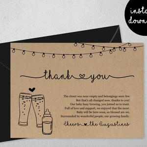 Tarjeta de agradecimiento de elaboración de cerveza para bebés, gracias de baby shower de cerveza, gemelos neutros de género para niño y niña, plantilla imprimible, archivo de descarga instantánea PDF