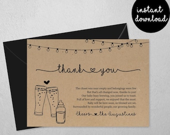 Baby Brewing Thank You Card, Beer Baby Shower Thanks, Boy Girl Gender Neutral Twins, Printable Template, Instant Download File PDF