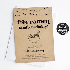 Modèle d'invitation de fête d'anniversaire ramen, imprimable amusant drôle de cuisine japonaise thème fille garçon homme femme inviter Evite téléchargement numérique Kraft