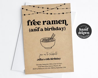 Ramen Birthday Party Invitation Template, Printable Fun Funny Japanese Food Theme Girl Boy Man Woman Invite Evite Download Digital Kraft