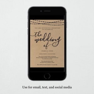 May include: A digital invitation on a brown background with string lights at the top. The text reads "You are invited to a reception to celebrate the wedding of Isabella Jones and Jonathon Augustine".