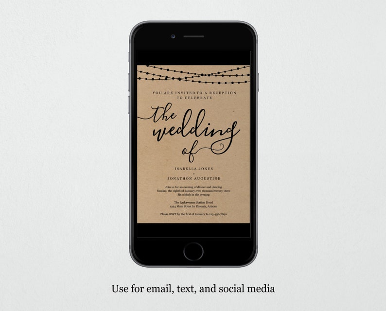 May include: A digital invitation on a brown background with string lights at the top. The text reads "You are invited to a reception to celebrate the wedding of Isabella Jones and Jonathon Augustine".