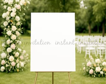 Wedding Sign Mockup – Vertical 18x24" Welcome Sign on Gold Easel Outdoors with Greenery & Flowers + Indoor Ballroom Bonus – Digital Download