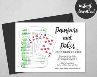 Pampers and Poker Party Invitation Template, Printable Daddy Diaper Guys / Men Baby Shower Invite & Evite, Instant Download Digital File PDF