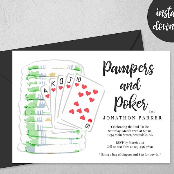 Pampers and Poker Party Invitation Template, Printable Daddy Diaper Guys / Men Baby Shower Invite & Evite, Instant Download Digital File PDF