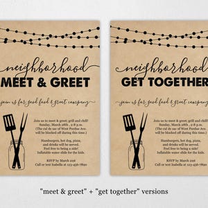 May include: Two brown paper invitations with black text and graphics. The top invitation says "neighbourhood meet & greet" and the bottom invitation says "neighbourhood get together". Both invitations have a graphic of a spatula and a fork next to a mason jar. The text on both invitations says "join us for good food & great company".