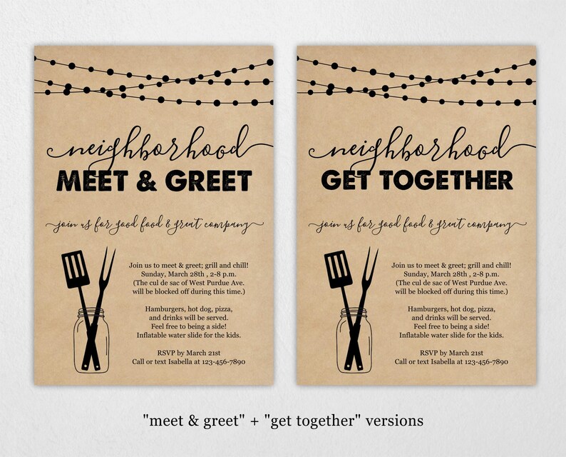 May include: Two brown paper invitations with black text and graphics. The top invitation says "neighbourhood meet & greet" and the bottom invitation says "neighbourhood get together". Both invitations have a graphic of a spatula and a fork next to a mason jar. The text on both invitations says "join us for good food & great company".