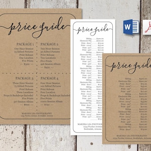 Printable Price List Template - NO COLOR INK - Word, Pdf Instant Download -  Business, Photographer&#39;s Simple Pricing Guide / Sheet